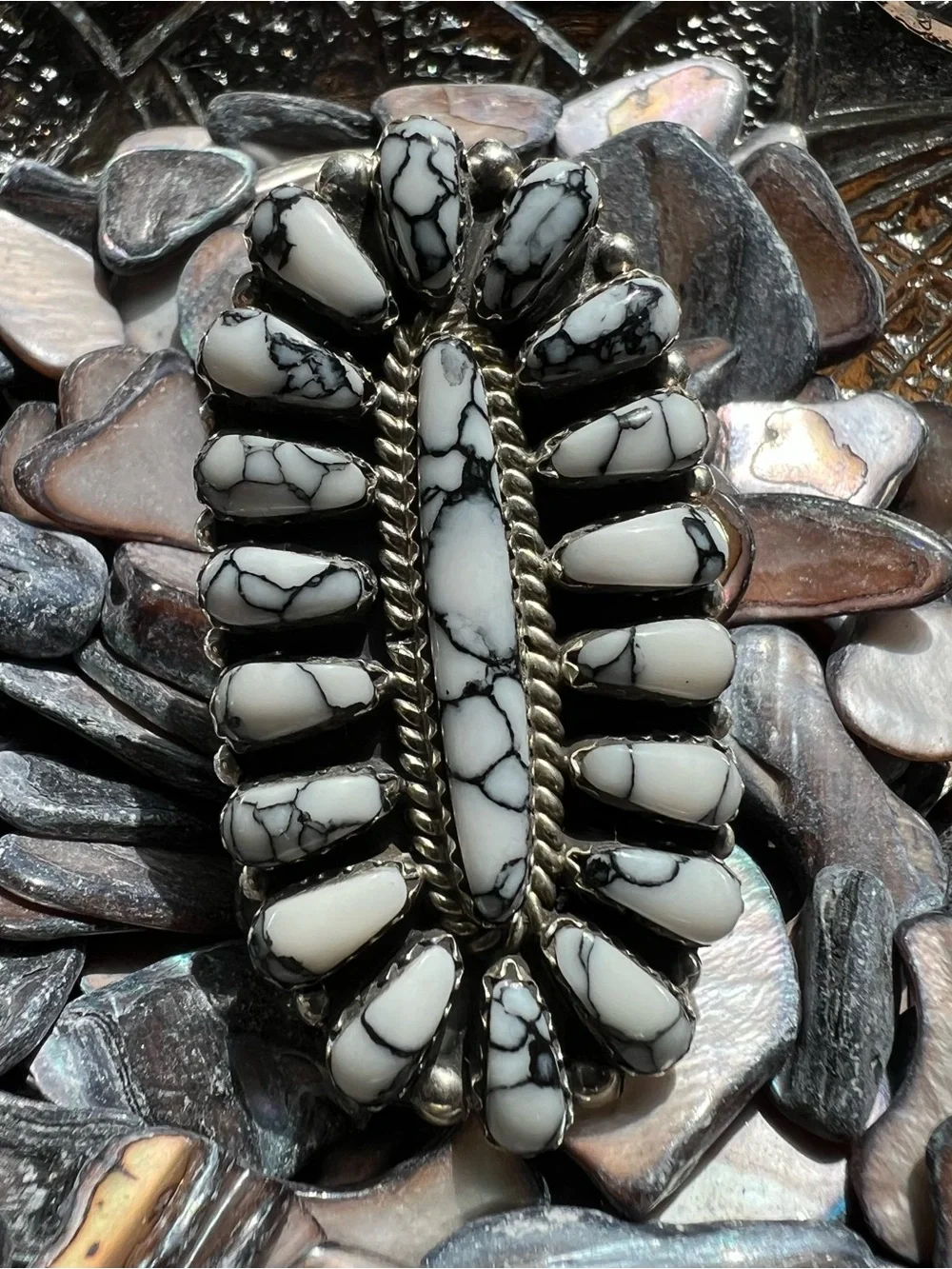 Davina Benally Navajo White Buffalo Sterling Silver Cluster Ring Sz 9.75